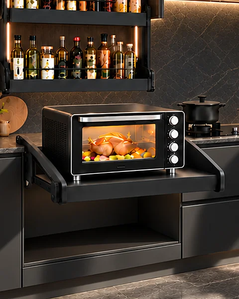 Podio platform raised out of a base cabinet with an oven on it