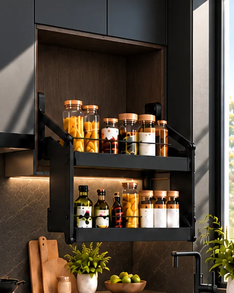 Strato double-layer basket swung down out of a cabinet